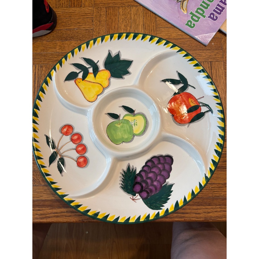Hand Painted Ceramic Fruit Divided Chip and‎ Dip Serving Platter Round 12 Inch